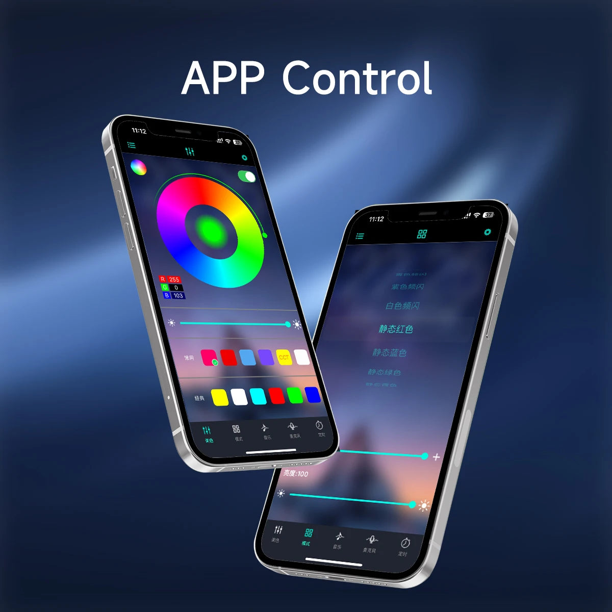 Two smartphones displaying app control interfaces on a blue gradient background