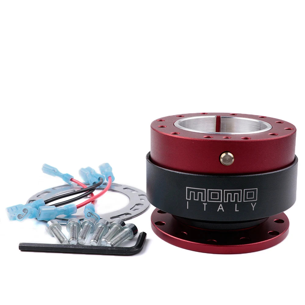 Red and black mechanical component with wiring harness on a white background, featuring 'Momo Italy' branding.