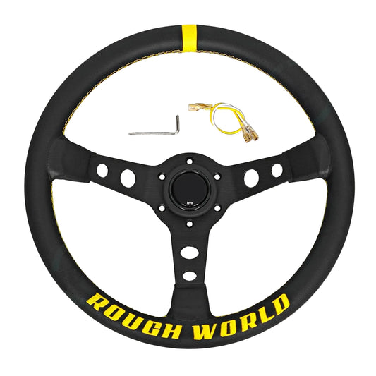 'Rough World' Black/Yellow Embroidered Deep Dish Steering Wheel