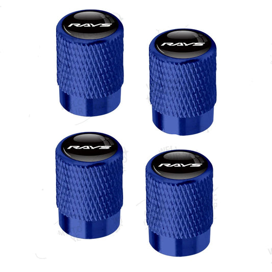 Four blue valve stem caps with 'RAVS' branding on a white background.