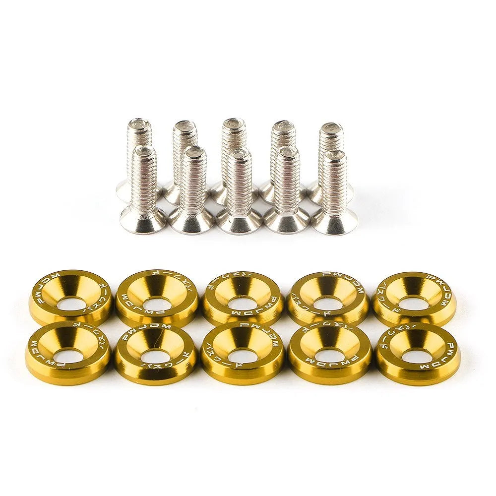 Gold washers and silver screws on a white background
