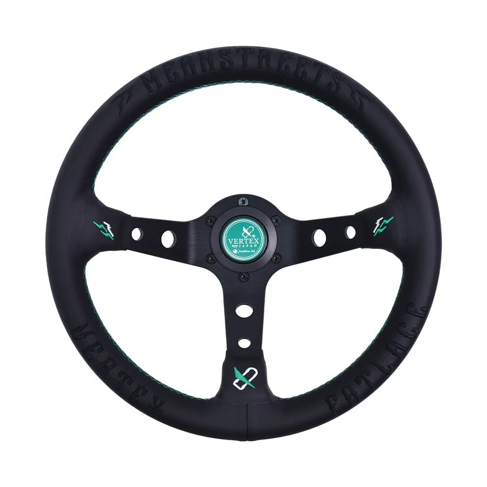 Vertex Embroidered Sports Steering Wheel With 6 Hole Green Horn Button