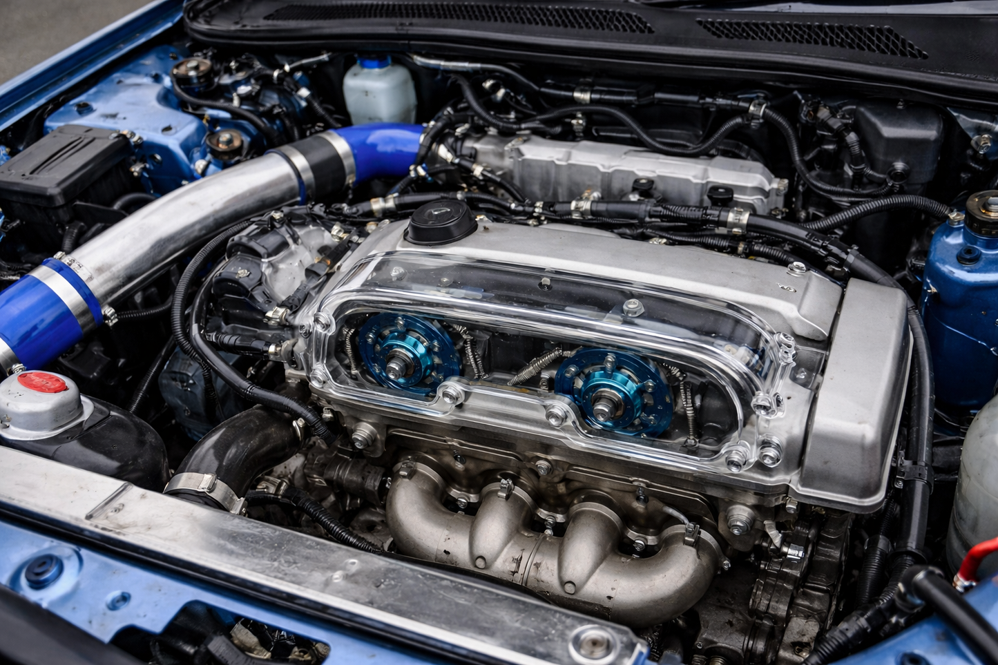 Close-up of a d15/d16 car engine with visible components and clear cam cover