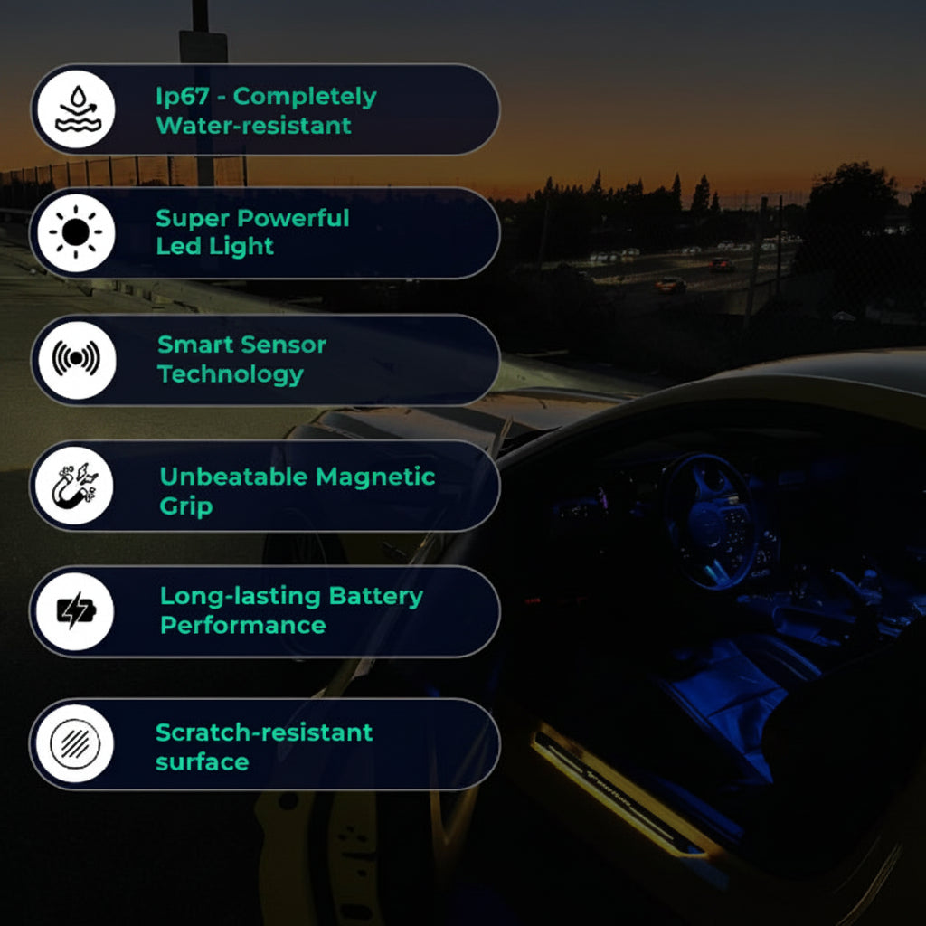Car interior with LED light features highlighted on a dark background