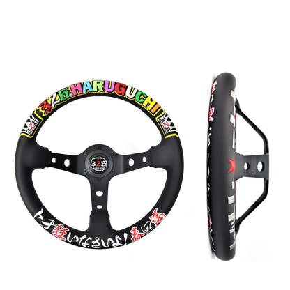 Black steering wheel with colorful text and measurements on a white background