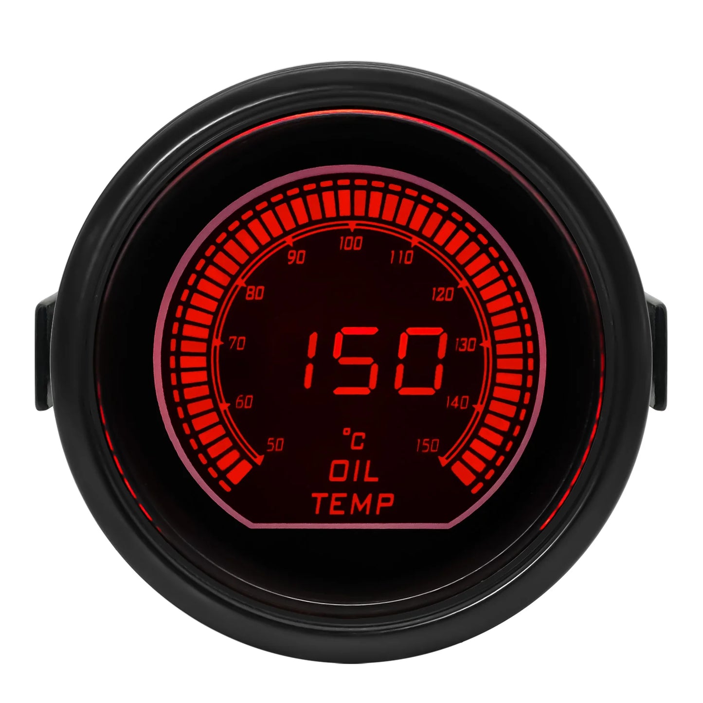 Digital oil temperature gauge with red display on a white background