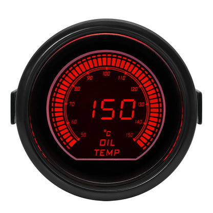Digital oil temperature gauge with red display on a white background