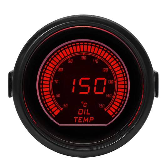 Digital oil temperature gauge with red display on a white background