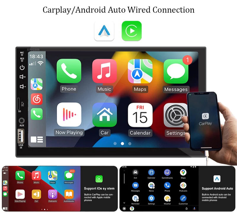 7“ Touch Screen Multimedia Player with CarPlay & Android Auto HD Reverse Camera Wireless Remote Control