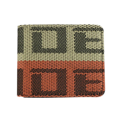 A woven bifold wallet with a geometric pattern in olive green, terracotta orange, and dark brown, featuring the brand name 'DE' in large letters across the front.
