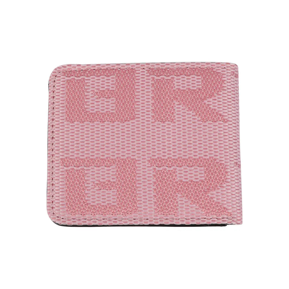 A pink textured bifold wallet featuring a large, tonal 'BR' monogram logo on the front cover, set against a plain white background.