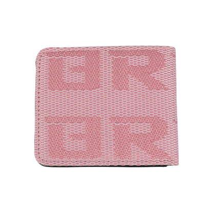 A pink textured bifold wallet featuring a large, tonal 'BR' monogram logo on the front cover, set against a plain white background.