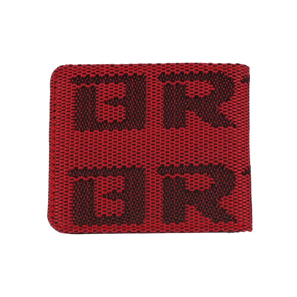 A red woven bi-fold wallet with a black interlocking 'BR' logo pattern, shown on a plain white background.