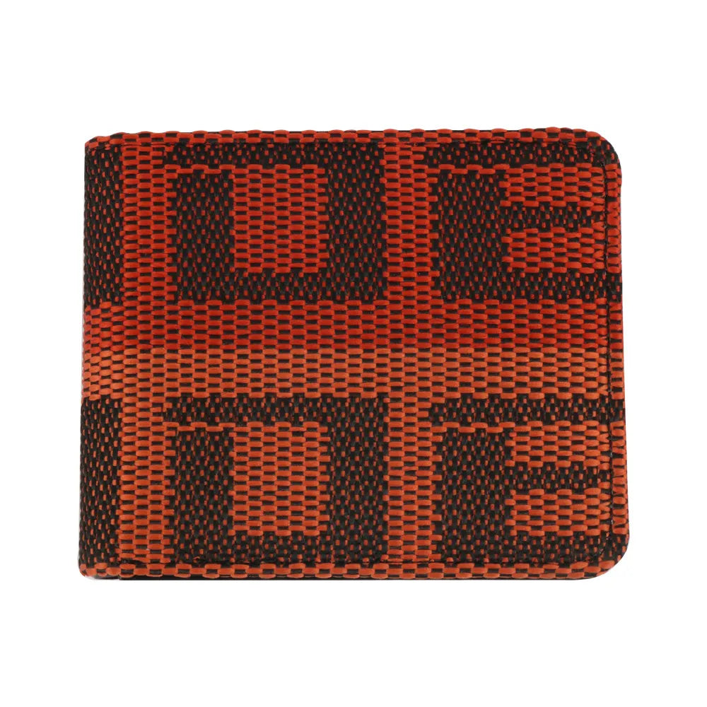 A rectangular bi-fold wallet with a woven geometric pattern in orange and dark brown, featuring a subtle grid texture.