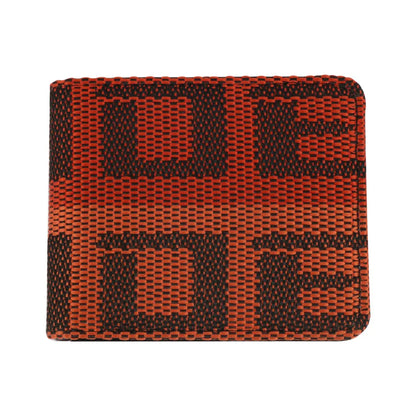 A rectangular bi-fold wallet with a woven geometric pattern in orange and dark brown, featuring a subtle grid texture.
