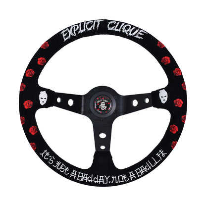 Embroidered 'Explicit Clique' Suede Leather Steering Wheel