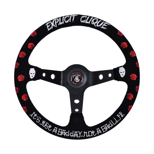 Embroidered 'Explicit Clique' Suede Leather Steering Wheel