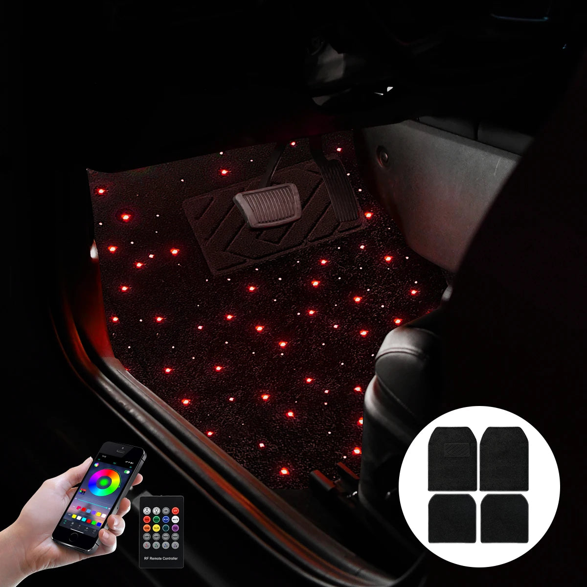 Car interior with LED light mat and smartphone control app