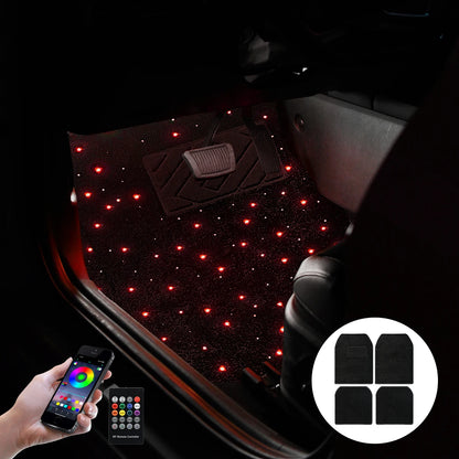 Car interior with LED light mat and smartphone control app