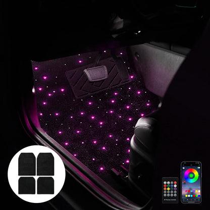 Car floor mats with purple LED lighting and remote control on a dark background