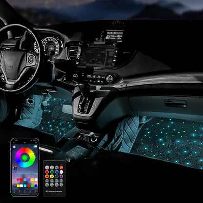 Car interior with illuminated floor mats and smartphone app controls