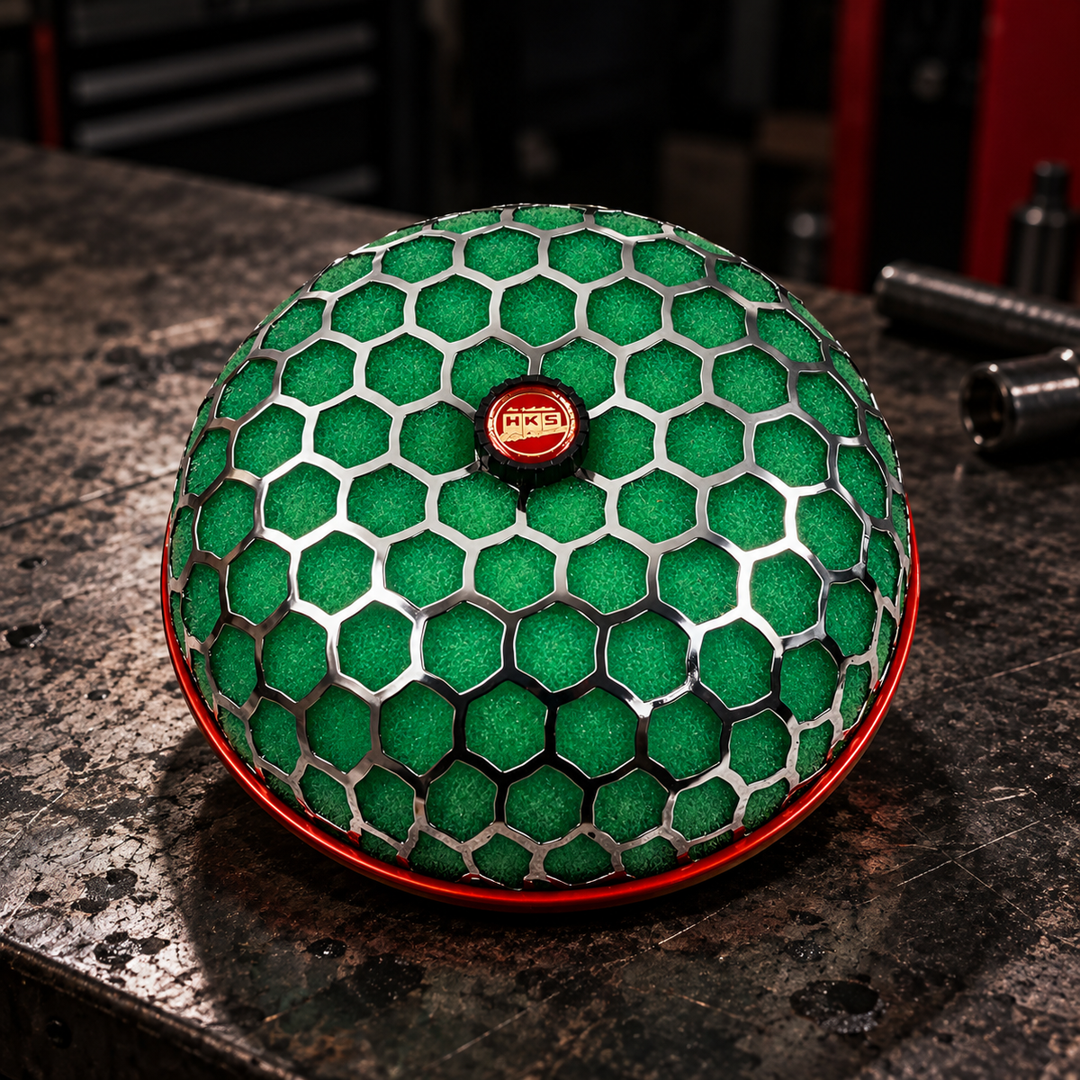 A green and silver honeycomb-patterned dome-shaped pod filter, with a small red and gold HKS central emblem, resting on a dark, worn workbench.