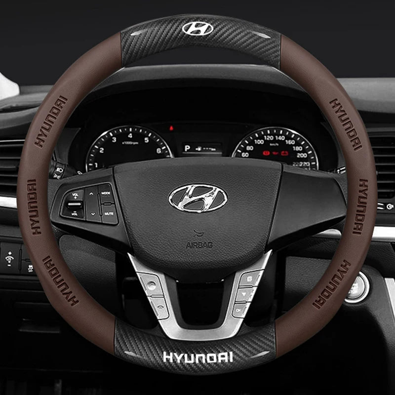 Hyundai steering wheel with brown cover and dashboard in the background