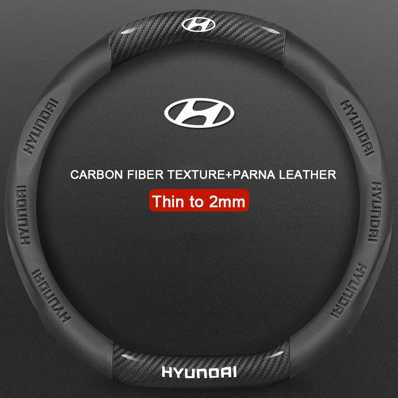 Hyundai steering wheel cover with carbon fiber texture and parna leather on a gray background