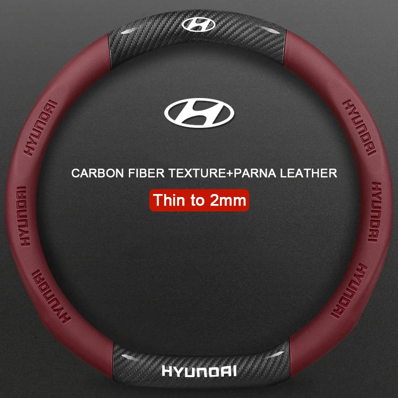 Hyundai steering wheel cover with carbon fiber texture and parna leather on a gray background
