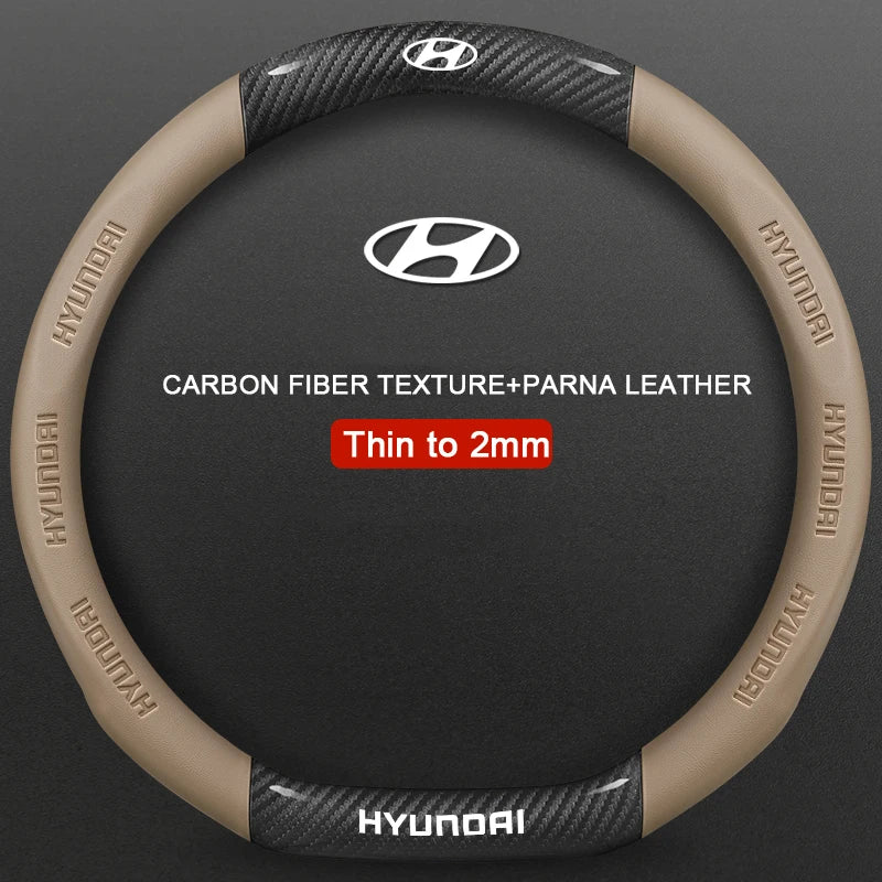 Hyundai steering wheel cover with carbon fiber texture and parna leather on a dark background