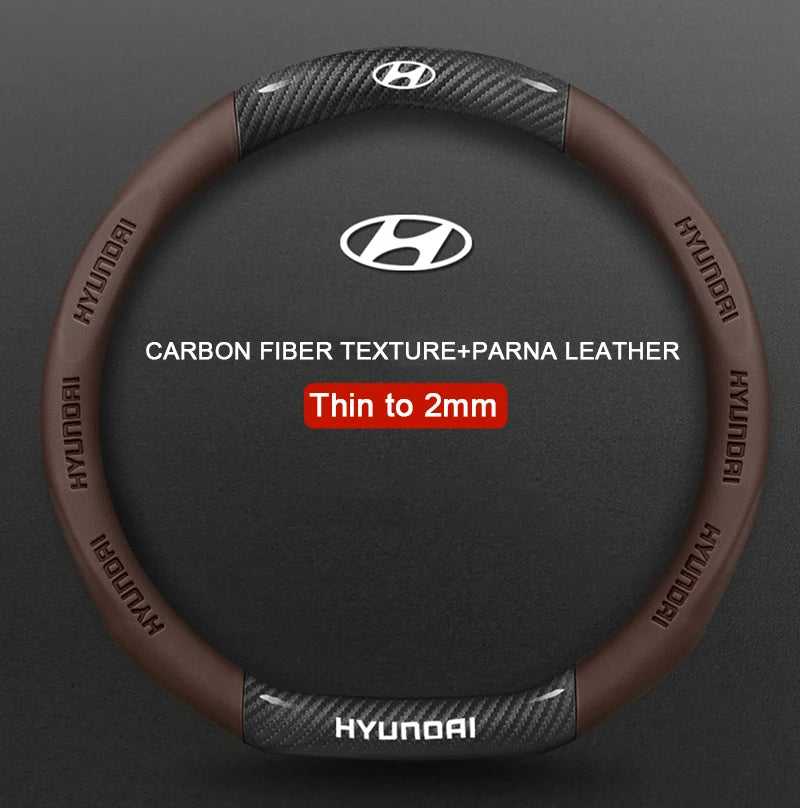 Hyundai steering wheel cover with carbon fiber texture and parna leather on a dark background