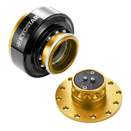 Kyostar Quick Release Steering Wheel Hub Adapter, black and gold in color, made of carbon fiber and aluminum, displayed in two separate pieces.