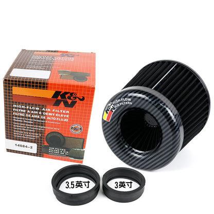 K&N air filter with packaging and size indicators on a white background