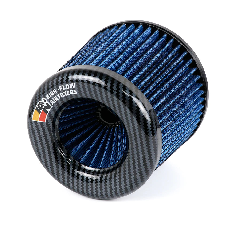 Blue K&N air filter with carbon fiber finish on a white background