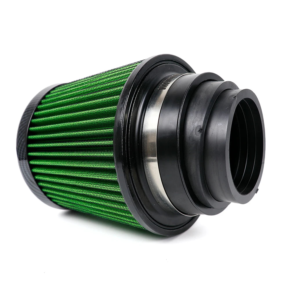Green air filter with black outer casing on a white background
