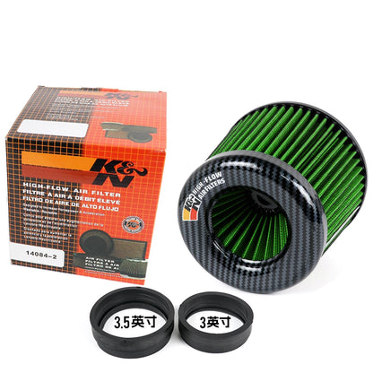 K&N air filter with packaging and size indicators on a white background