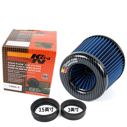 K&N high-flow air filter with packaging and size indicators on a white background