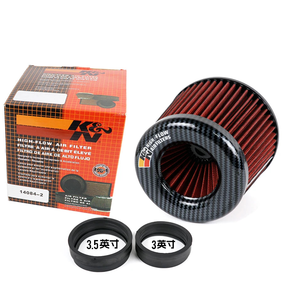 K&N air filter with packaging and size indicators on a white background