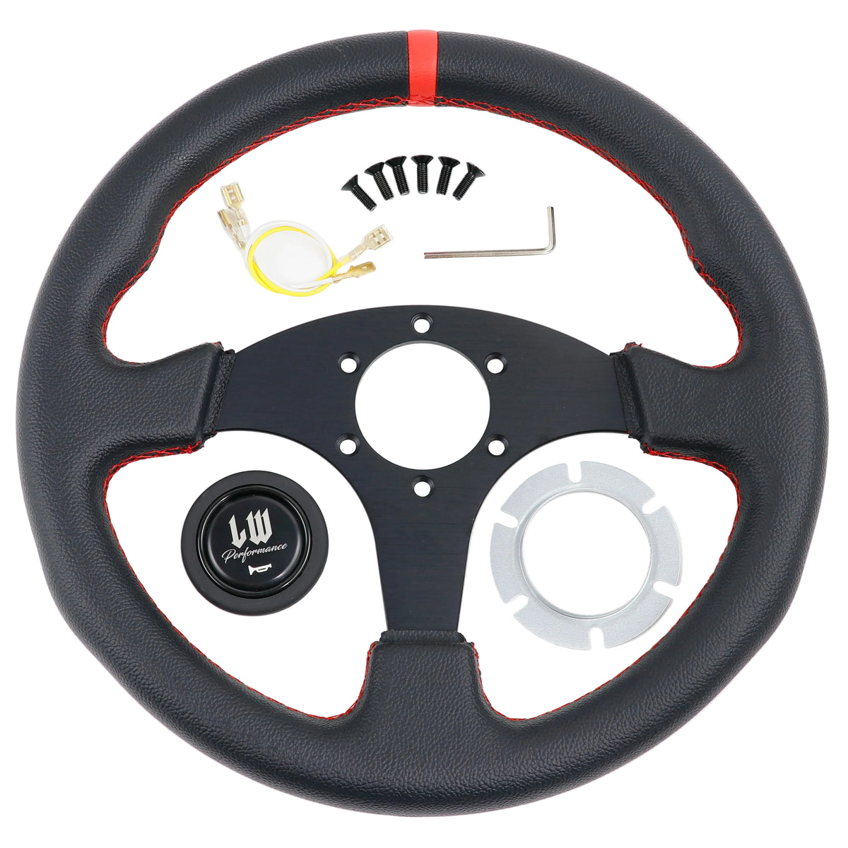 A black leather racing-style steering wheel with red stitching and a red center stripe, shown on a white background with mounting hardware and a small Allen wrench.