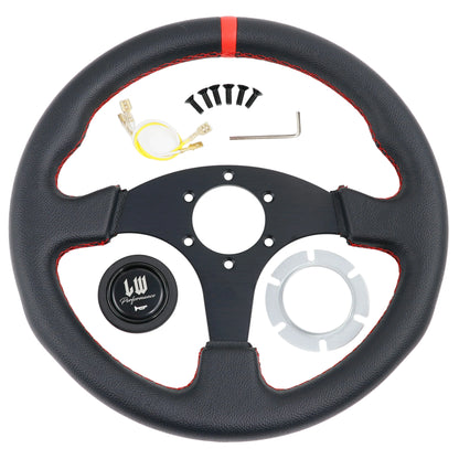 A black leather racing-style steering wheel with red stitching and a red center stripe, shown on a white background with mounting hardware and a small Allen wrench.