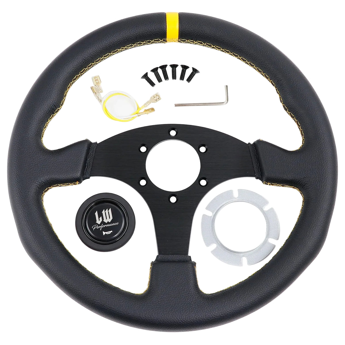 A black leather steering wheel kit with a yellow center stripe, gold contrast stitching, a black center cap with a white logo, mounting hardware, and a light gray plastic wheel trim piece, all arranged on a white background.
