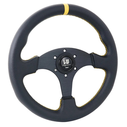 A black leather steering wheel with a three-spoke design, featuring a yellow accent stripe on the top rim and yellow contrast stitching. The center hub is black with a circular logo that reads 'LW Performance parts'.