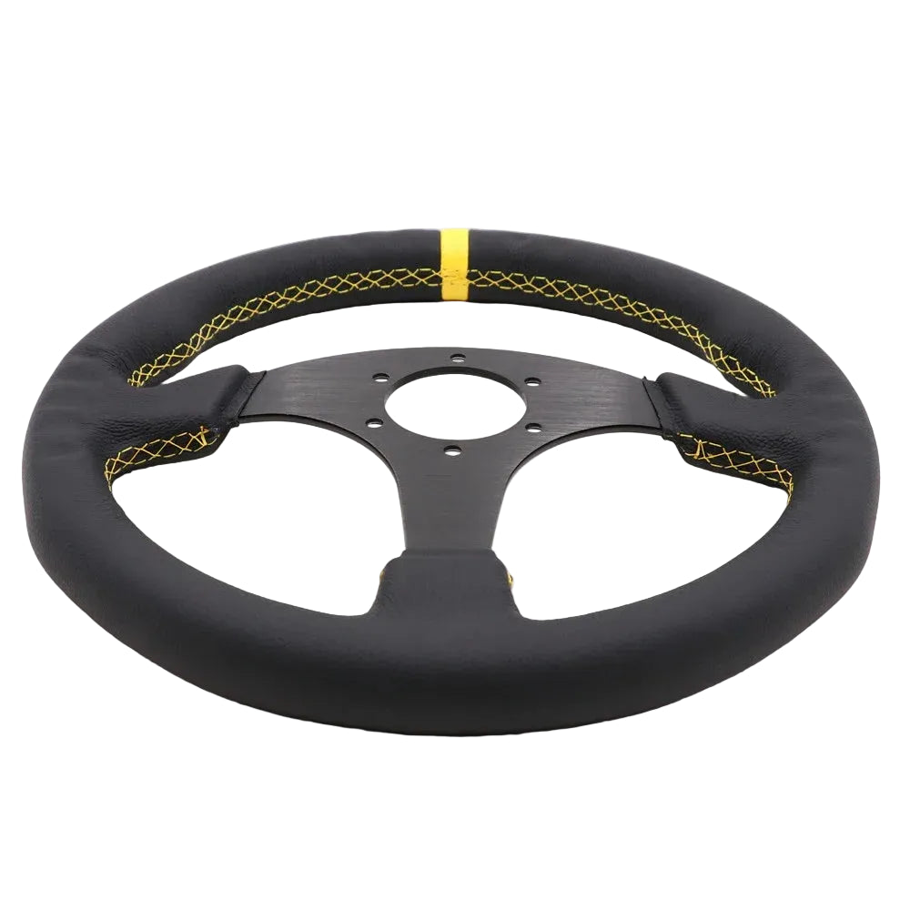 A black leather steering wheel cover with yellow contrast stitching and a yellow center stripe, fitted over a three-spoke steering wheel on a white background.