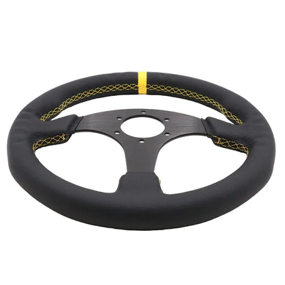A black leather steering wheel cover with yellow contrast stitching and a yellow center stripe, fitted over a three-spoke steering wheel on a white background.