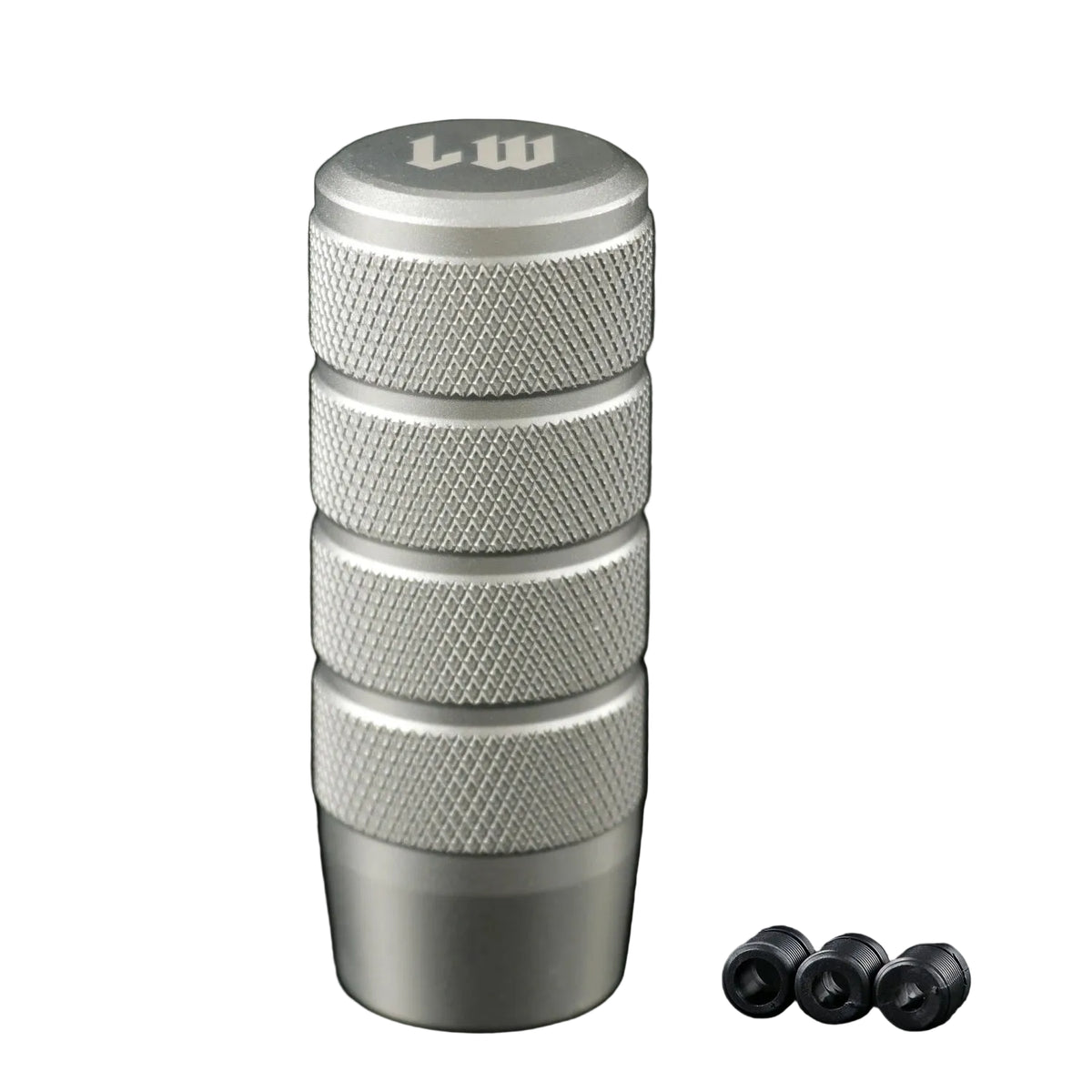 Stack of metallic cylindrical objects with textured surface and 'LW' branding