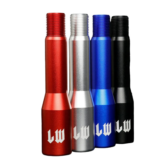 Four metal shifters in red, silver, blue, and black with 'lw' branding