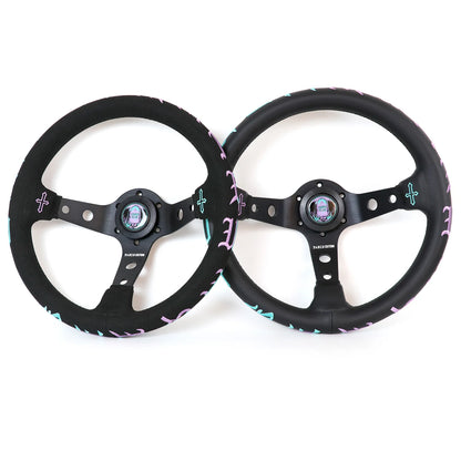 Two black steering wheels with colorful accents on a white background