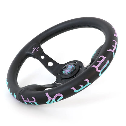 A black leather-wrapped steering wheel cover with purple and turquoise gothic lettering, shown on a white background.