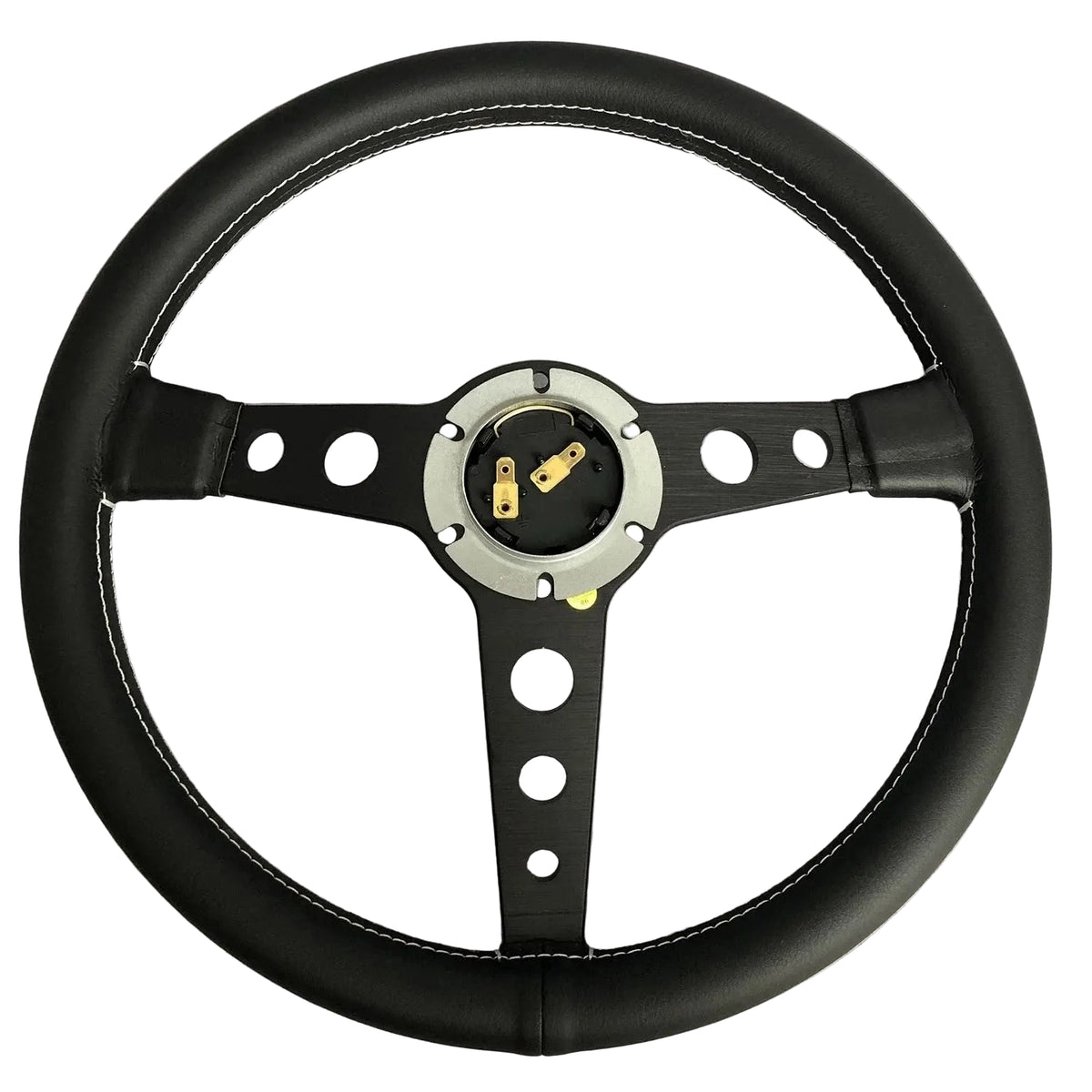 A black leather car steering wheel with white contrast stitching and a three-spoke design