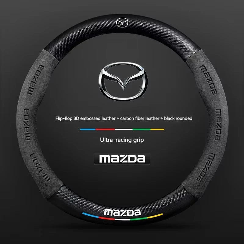 Mazda steering wheel cover with carbon fiber texture on a dark background